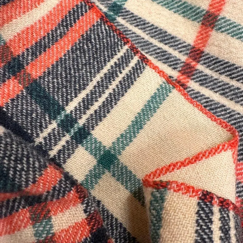Vintage Golden Dawn Wool Plaid Blanket Satin Trim Cream Red Green 80”x72”